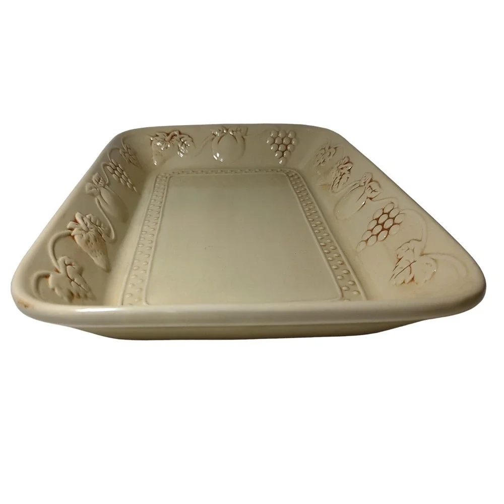 Vintage Platter Ceramic Embossed Grapes Leaves Strawberries 13 x 9 in Beige Fall